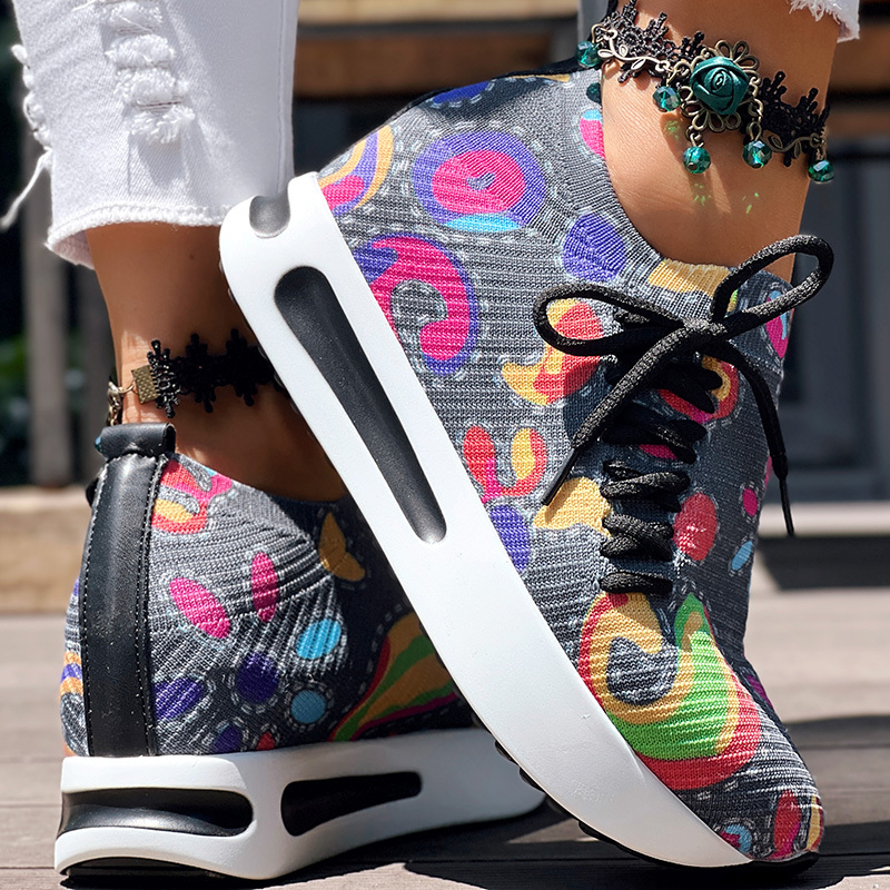 Women's Random Print Side Lace-Up Elastic Sport Shoes, Comfortable Slip-On Sneakers For Women, Casual Daily Wear Footwear